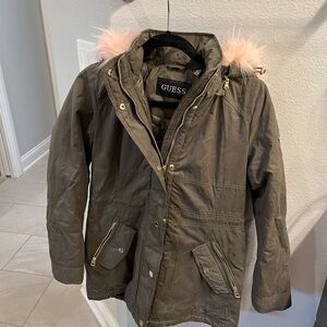 Guess women’s khaki jacket with Pink Fur Hood